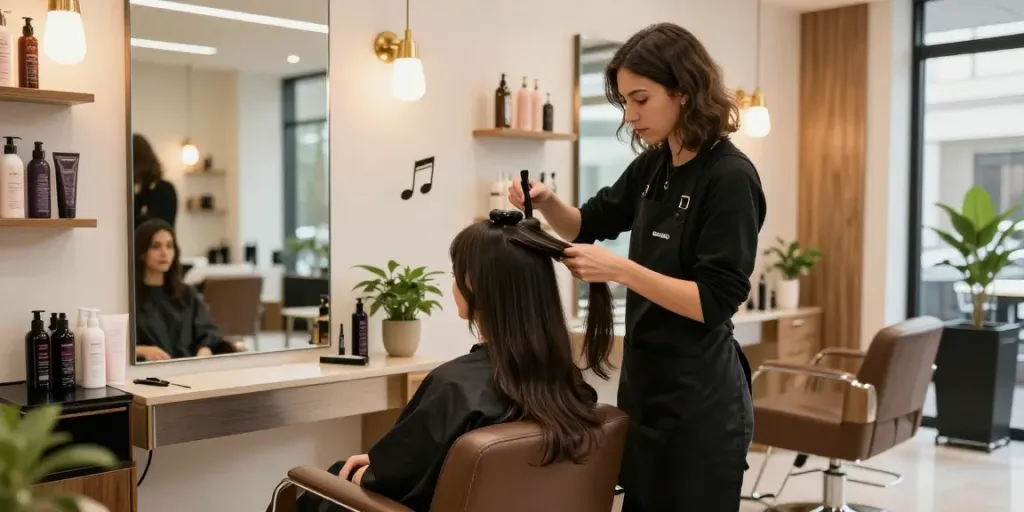 Expert stylist blending professional hair extensions on client in chic salon.