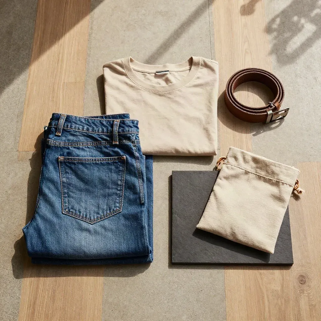 Overhead flatlay of folded denim shorts, rolled tee, belt, and pouch on pale walnut concrete.