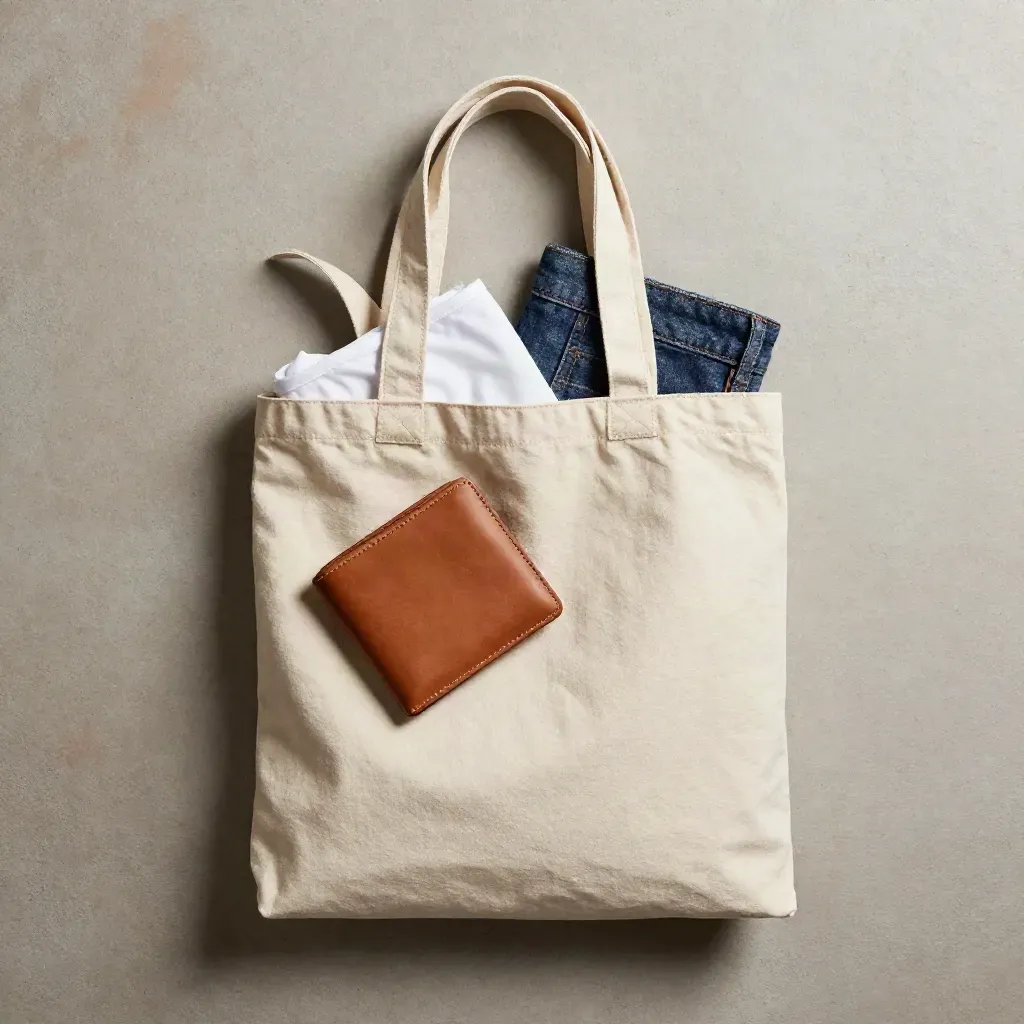 Overhead flatlay of an open canvas tote with shirt, wallet, denim swatch and strap on pale concrete.