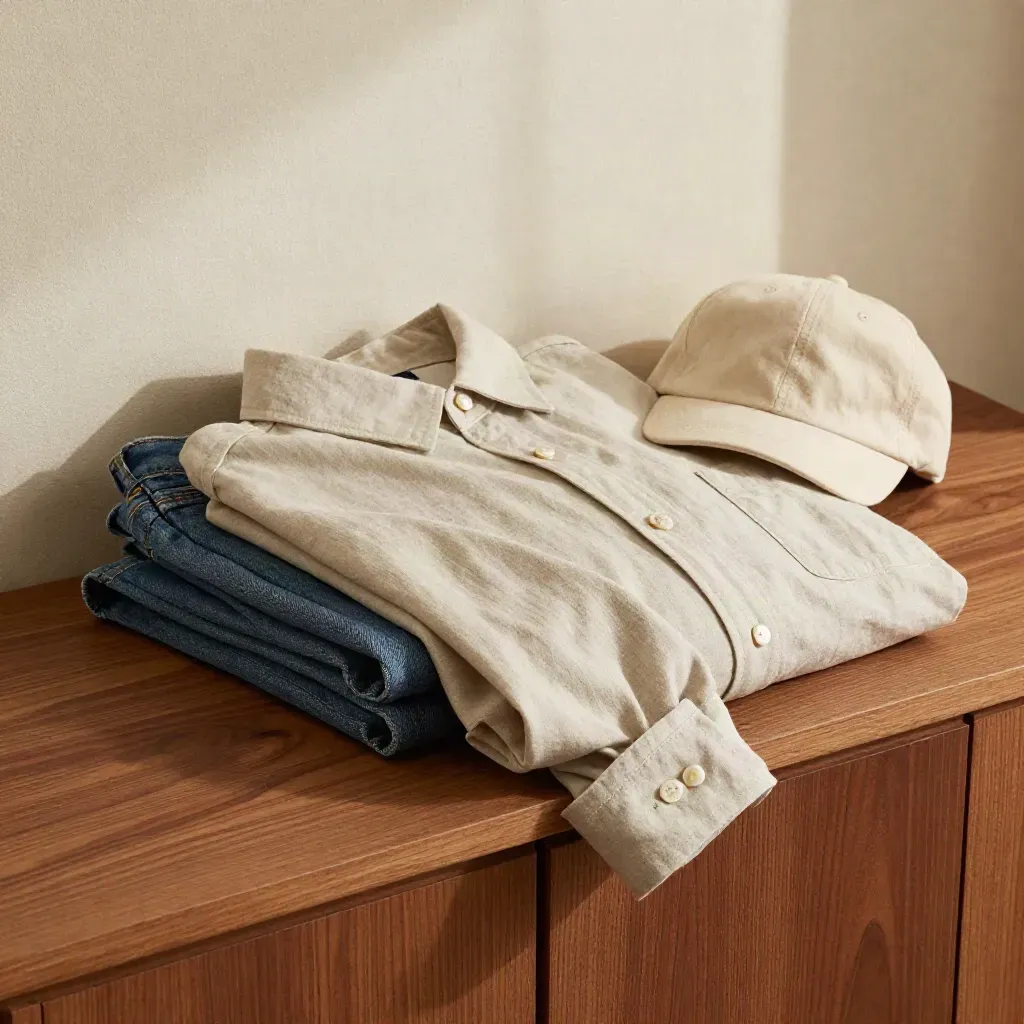 Folded chambray shirt beside jeans stack and canvas cap on a warm oak display shelf