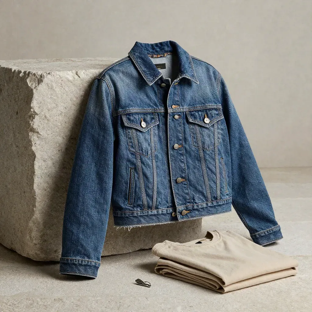 Raw indigo cropped denim jacket leaning on limestone with folded shirt and steel clip.