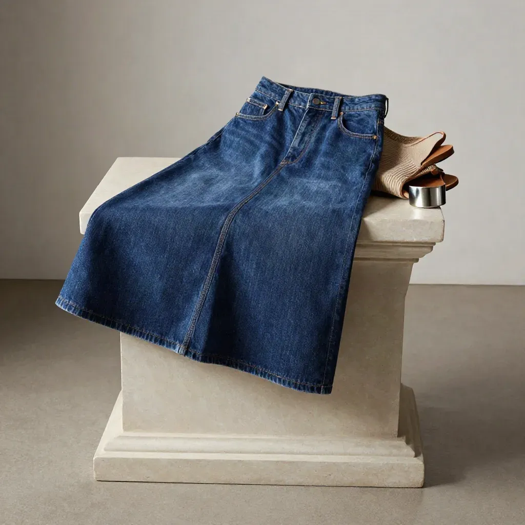 Denim midi skirt fanned on a plaster plinth with tank, sandals and metal cuff