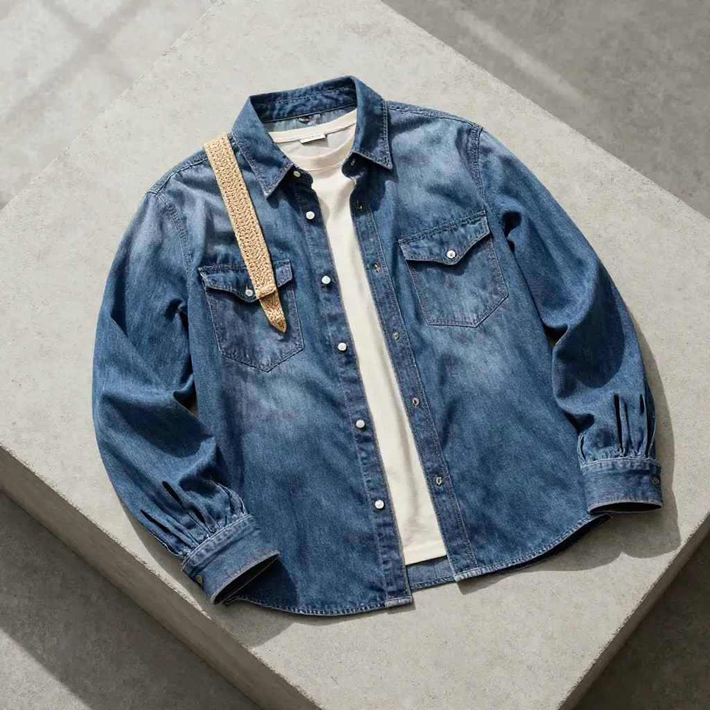 Overhead flatlay of a soft-wash boyfriend denim shirt with undershirt, cuff and tote strap on pale concrete.