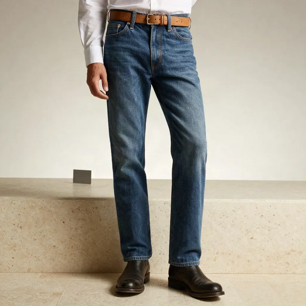 Raw indigo selvedge jeans, belt, boot toe and cuff on travertine.