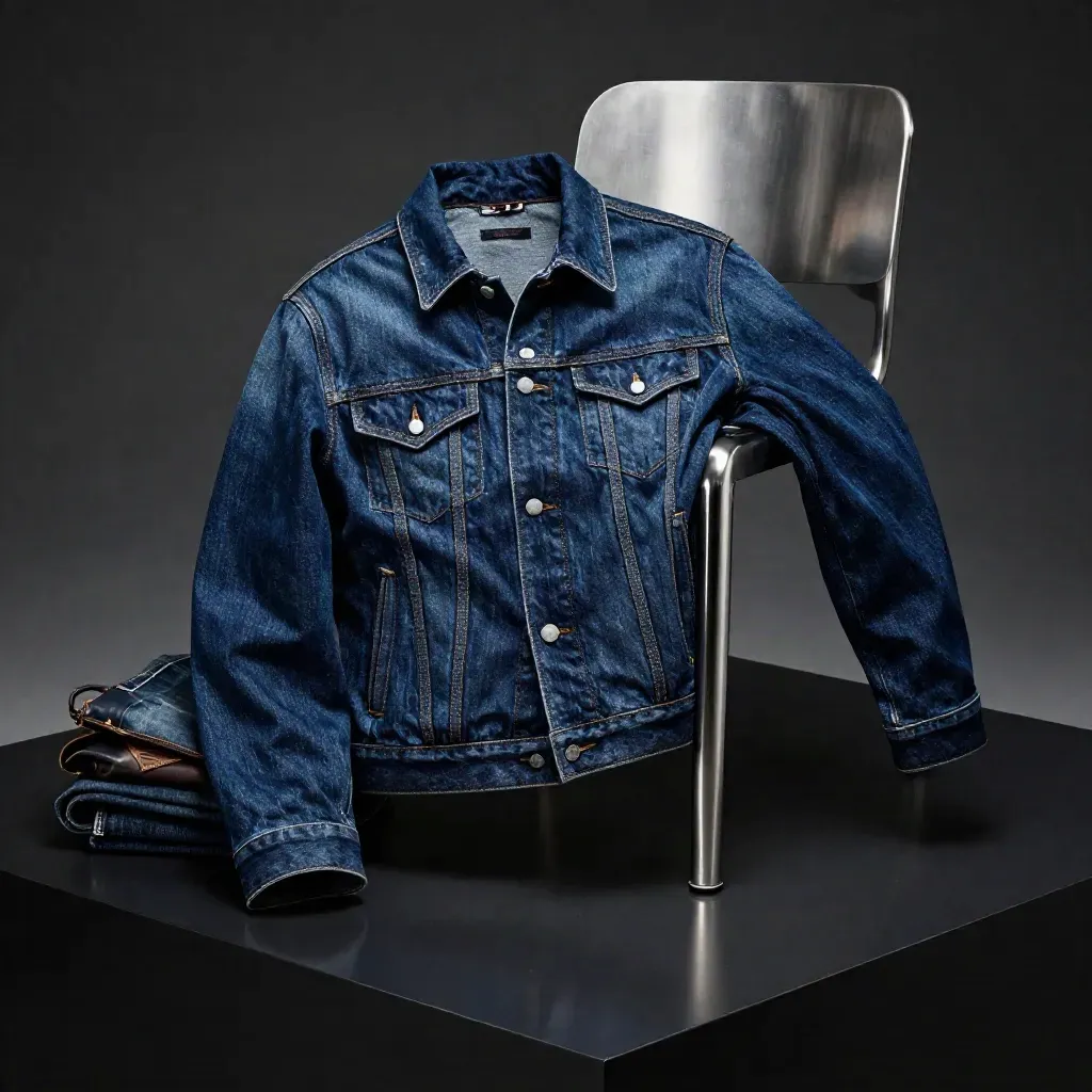 Draped dark indigo trucker jacket on a steel chair with jeans and a leather pouch in moody studio light.