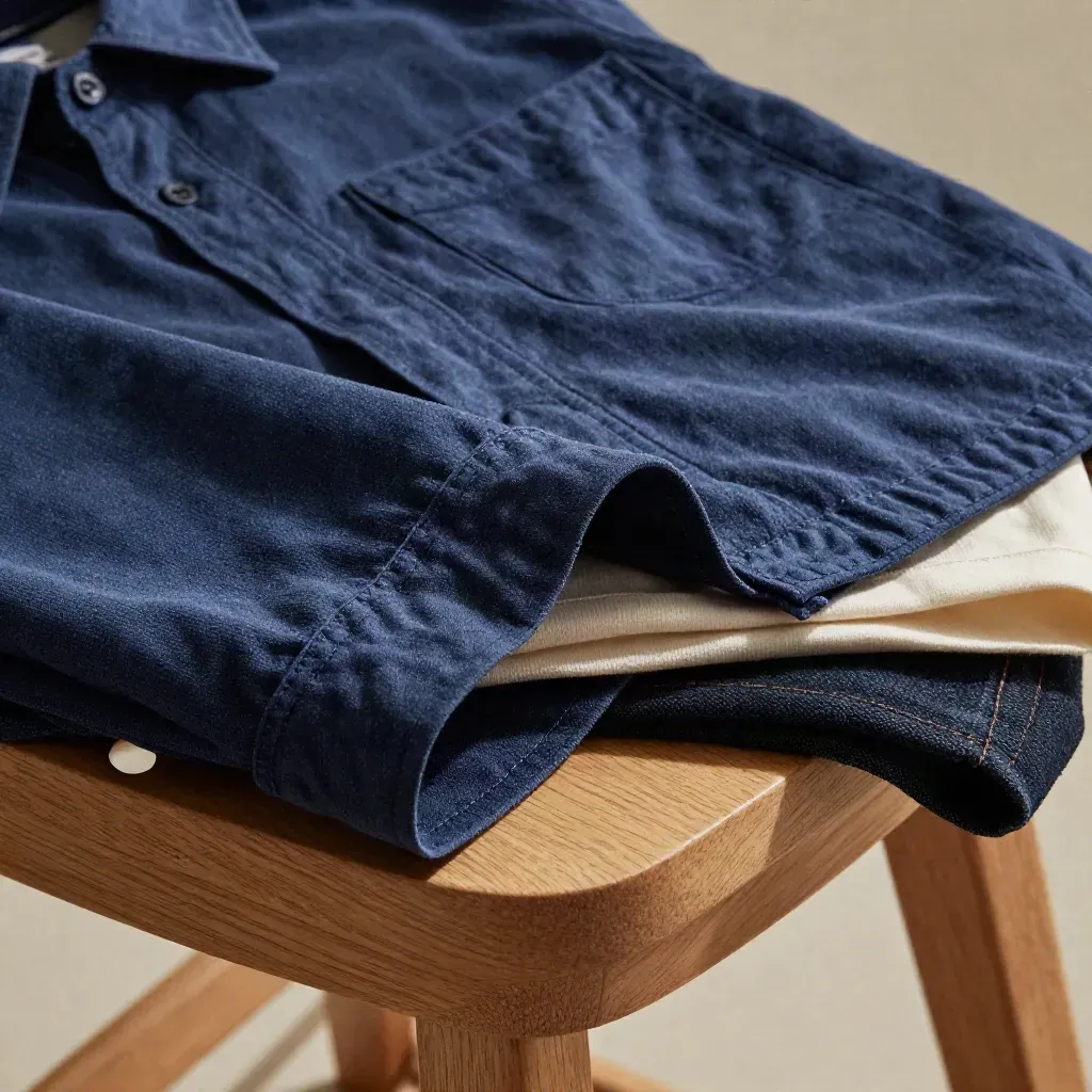 Macro indigo overshirt draped over an oak stool with tee and jeans.